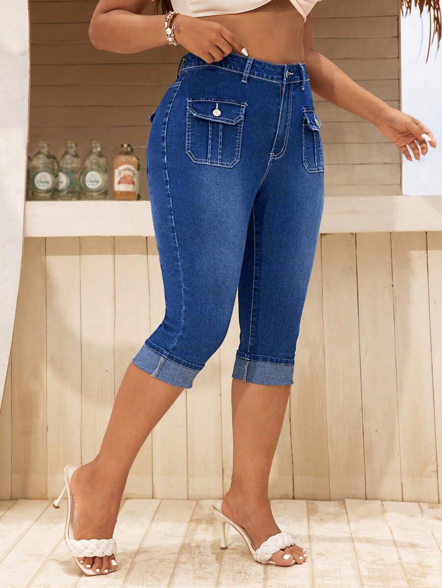 Breezaya Plus Size Women's Summer Casual Simple Daily Washed Capris Jeans - Medium Wash - View 1