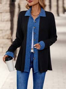 EMERY ROSE Women's Spring/Autumn Casual Contrast Color Knitted Cardigan - Black - View 6