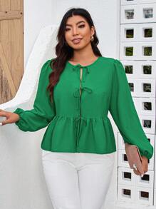 SHEIN LUNE 大码圆领蝴蝶结长袖衬衫秋季女装秋季女装职业上衣商务休闲女士工作衬衫商务衬衫 - 綠色 - 查看 6