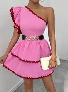 Chiquease Colorblock Border Trim Wave Hem One Shoulder Dress, Casual Vacation - Pink - View 4