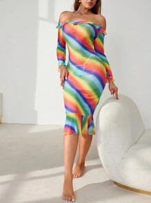 Sexy Rainbow-Colored See-Through Mesh Lingerie Dress, Off-Shoulder, 2pcs/Set - Multicolor - View 3