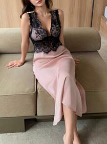 DAZY Satin & Lace Contrast Color See-Through Waist Bodycon Sleep Dress Pajama