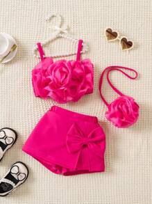 SHEIN Playful Pals 3入組嬰兒女童春夏裝，熱粉色花卉印花上衣搭配斜挎包和短褲，可愛優雅，適合日常休閒穿著 - 玫瑰紅 - 查看 1