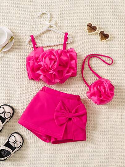SHEIN 3pcs Baby Girls' Spring/Summer Outfits, Hot Pink Flower Print Top With Crossbody Bag And Shorts, Cute, Elegant,  And Suitable For Daily Casual Wear