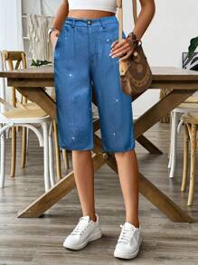 SHEIN LUNE Women's Denim Effect Silver Coated Capri Pants - Blue - View 4