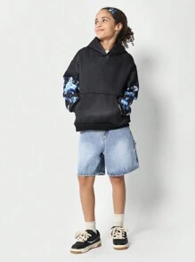 SUMWON Classic Floral Print Hoodie Sweatshirt Drawstring Fall Winter Wear Pullover Blue Blossom Pattern Streetwear Casual Daily Wear - Black - View 5