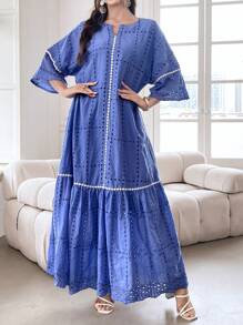 Al Najma Vestido modesto de manga larga para verano con dobladillo de volantes bordados de ojal
