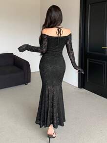 DAZY 女士蕾丝长袖派对礼服优雅、荷叶边、秋季连衣裙 - 黑色 - 查看 5