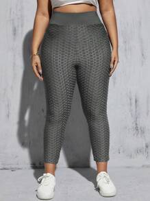 SHEIN Essnce Plus Size Women's High-Waist -Lifting Textured Fabric Leggings,Plain Grey,Sommar,Casual,Gym Sports Pants,Curvy Summer Bottoms,Black Outfits - Grey - View 5