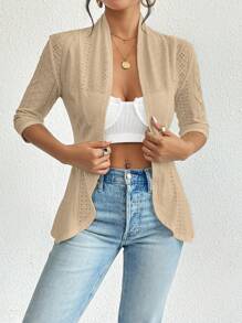 Firerie Women's Autumn/Winter Basic Simple Ribbed Mid-Sleeve Turndown Collar Ruffle Hem Cinched Waist Jacket Fall Clothes - Apricot - View 5