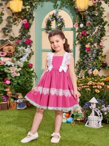 SHEIN Leap Crew Young Girl Lovely Princess Style Square Neckline Dress Decorated With Bowknot And Lace, With Bowknot Headband, 2pcs/Set - Hot Pink - View 6