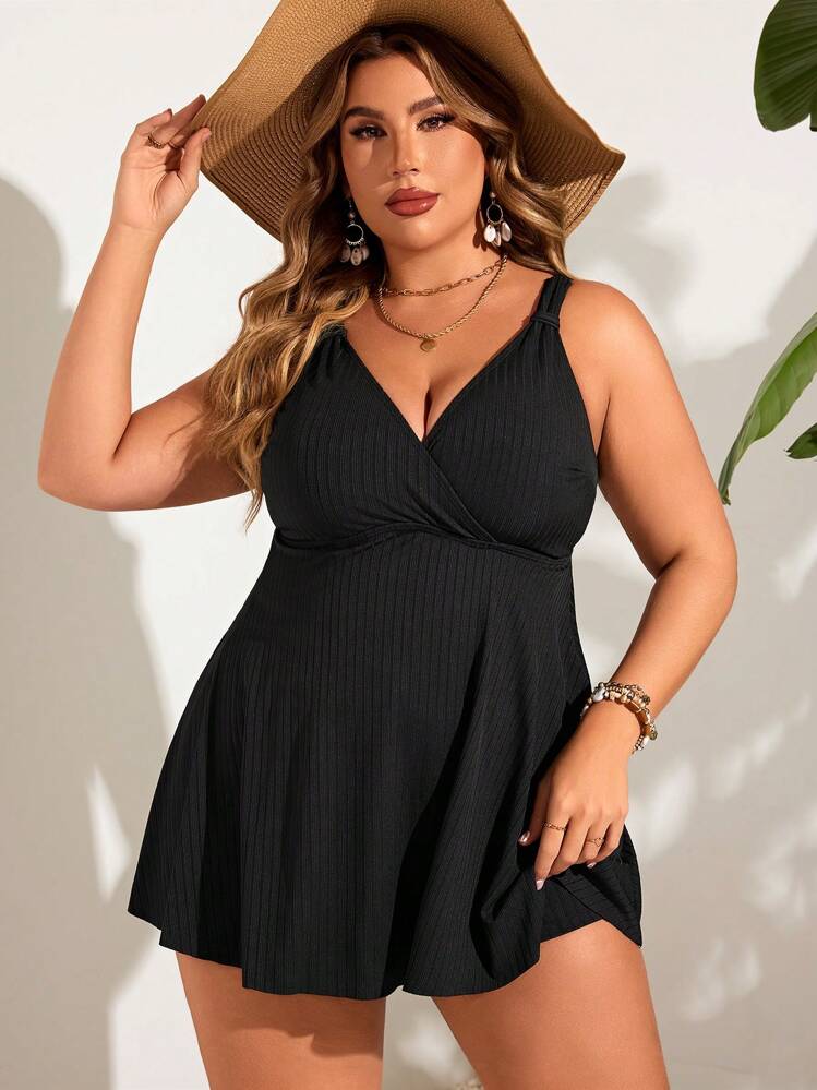 Swim Lushoire Plus Size Summer Enfärgad Linne Och Shorts Tankini Set For Beach - Svart - Visa 5