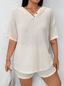SHEIN Unity Plus Drop Shoulder Hooded Tee & Shorts For Summer - Apricot - View 3