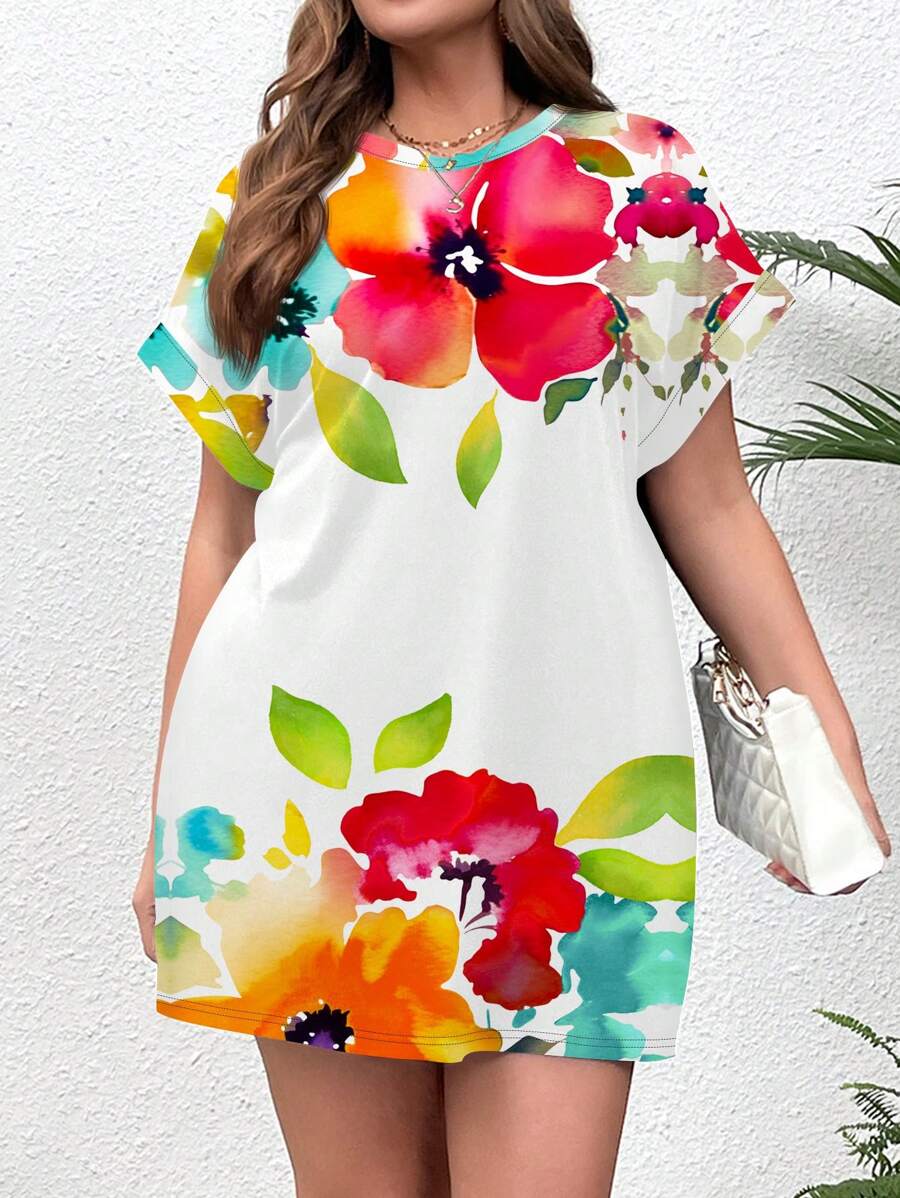 EMERY ROSE 大码女式休闲简约全花卉印花短袖圆领夏季连衣裙 - 白色 - 查看 1