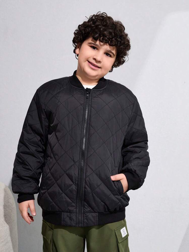 SHEIN Leap Crew Tween Boy 加大码冬季菱形格纹绗缝缝制夹棉大衣 - 黑色 - 查看 3