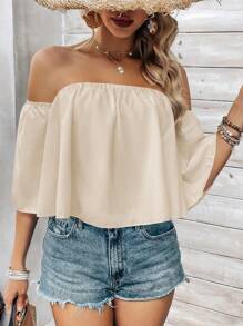 Breezaya Women's Plain And Simple Off The Shoulder Daily Blouse,Short Sleeve Tops - Apricot - View 5