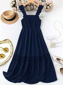 SHEIN Clasi Vestido veraniego casual en unicolor vintage con ribete de volantes para tallas grandes - Azul Marino - Ver 4