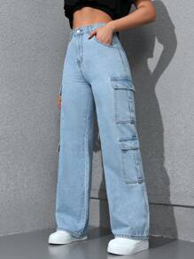SHEIN EZwear Quần jean nữ có dây kéo mùa hè có nắp túi - Rửa nhẹ - Xem 6