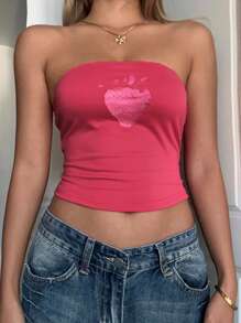 SHEIN EZwear 粉色休闲草莓图案短款背心，适合夏季，修身款女士