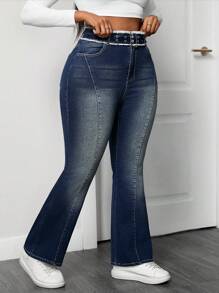 SHEIN SXY Plus Size High Waist Stretchy Jeans With Eyelet Embellishment Flare Pants - Dark Wash - View 4