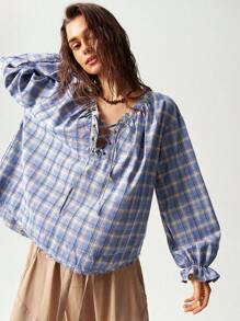Bohemela 秋季女士度假格纹系带超大衬衫 - 霧霾藍 - 查看 5