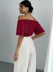 Aloruh 夏季休闲露肩 V 领短款收腰衬衫、短袖上衣 - 酒紅色 - 查看 3