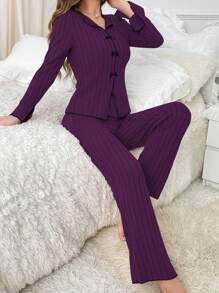 Conjunto de pijama casual de mujer con decoración de moño, ropa de otoño e invierno cómoda y elegante - Morado - Ver 3