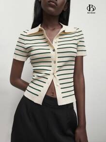 BizChic 女士帶領口紐扣條紋針織毛衣 - 彩色 - 查看 2