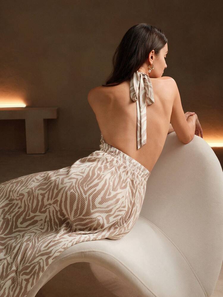 Women's Animal Print Maxi Backless Halter Dress