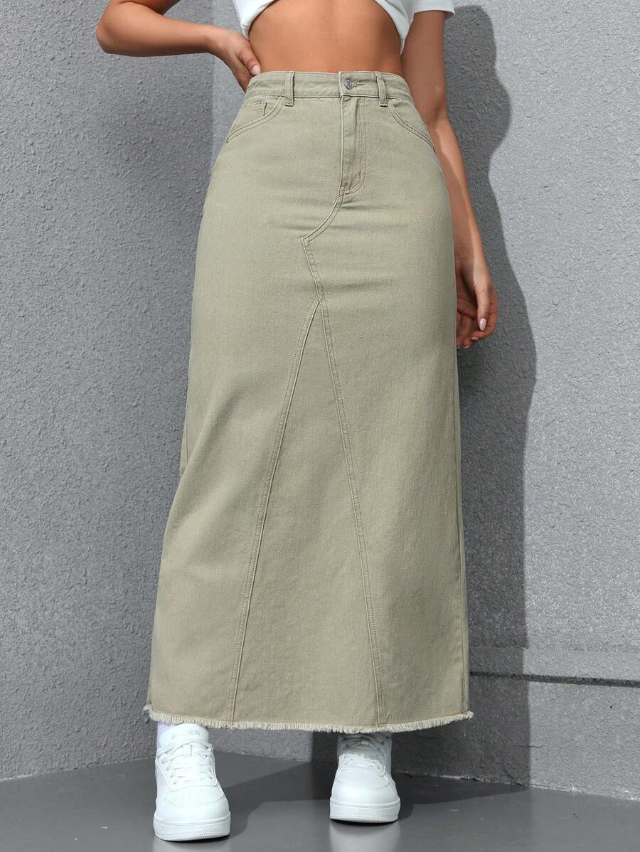 SHEIN EZwear 女士日常簡約純色牛仔裙 - 綠色 - 查看 1