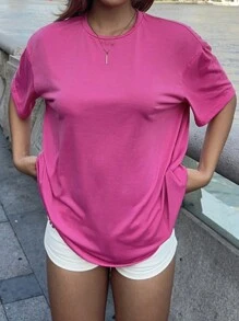 SHEIN EZwear Casual "Love" Slogan & Hibiscus Print Oversized Women Short Sleeve T-Shirt Adequado para Outdoor, Praia Pullover - Rosa Quente - Ver 2