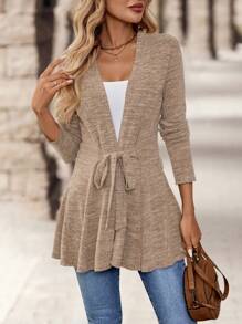 EMERY ROSE 女士简约日常长袖系带外套，女士深秋休闲系带常规袖宽松卡其色纯色女士外套，休闲日常穿着 - 卡其色 - 查看 6