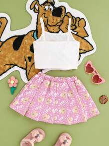 SCOOBY-DOO X SHEIN Baby Girl Cartoon Dog Printed Cami Top And Sweet Pink Pleated Skirt, Summer
