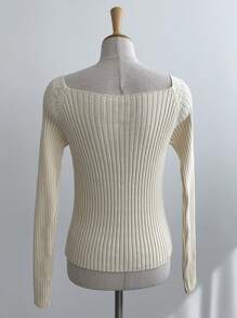 DAZY 女士纯色系带方领长袖开衫，秋季服装 - 杏色 - 查看 2