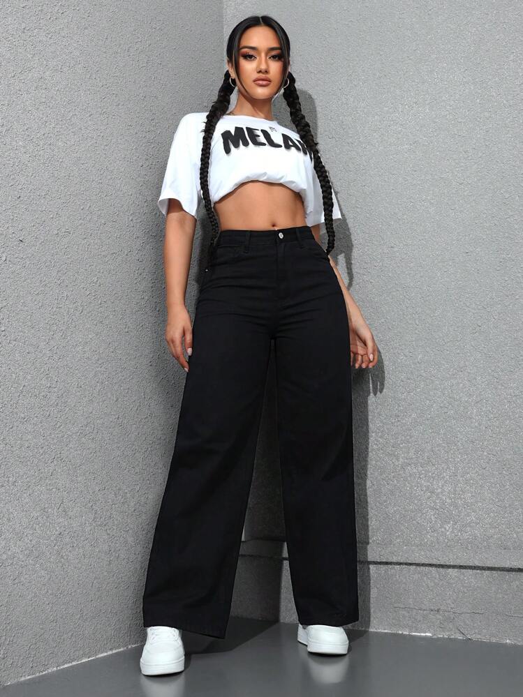 SHEIN ICON Ladies' Simple Daily Wear Black Baggy Straight Leg Jeans - Black - View 2