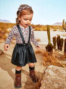 SHEIN Baby Girls' Autumn Leopard Print Romper Set With Black Skirt And Stockings, Thin - Black - View 4