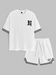 Manfinity NXTstreet Herren bedrucktes Set aus locker sitzendem Rundhals-Kurzarm-T-Shirt mit englischem Muster, geeignet für den Sommer - Weiss - Übersicht 1