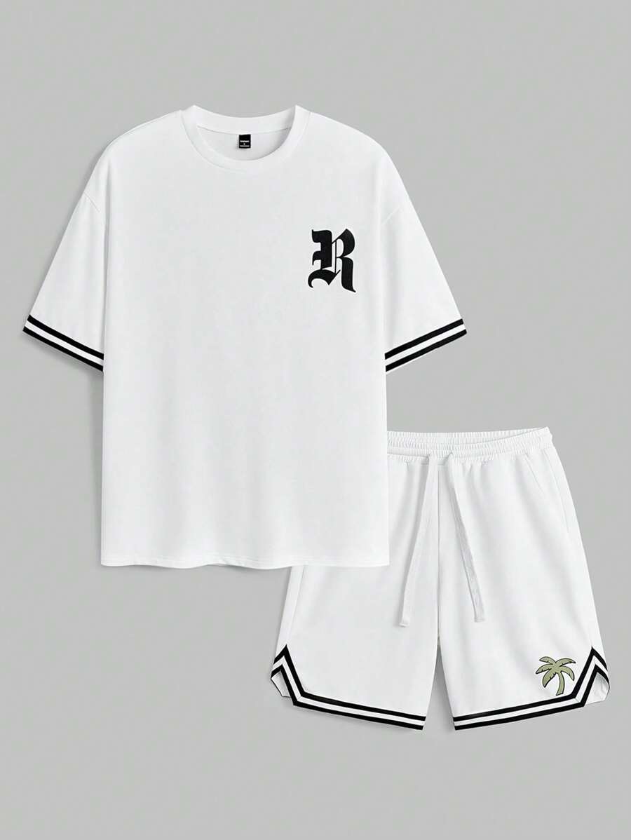 Manfinity NXTstreet Herren bedrucktes Set aus locker sitzendem Rundhals-Kurzarm-T-Shirt mit englischem Muster, geeignet für den Sommer - Weiss - Übersicht 1