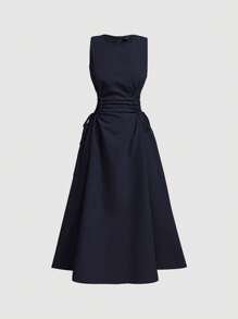 SHEIN MOD Navy Date Night Side Cross Tie Solid Pleated Long Dress,Brunch,Birthday,Back To School,Work,Summer Dresses For Women,Tea Party Dress