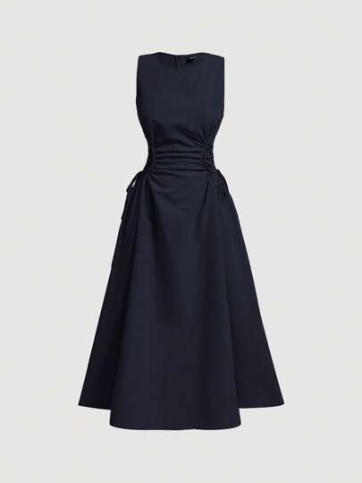 SHEIN MOD Navy Date Night Side Cross Tie Solid Pleated Long Dress,Brunch,Birthday,Back To School,Work,Summer Dresses For Women,Tea Party Dress