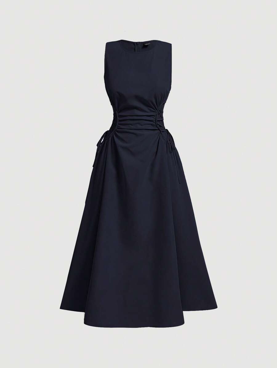 SHEIN MOD Navy Date Night Side Cross Tie Solid Pleated Long Dress,Brunch,Birthday,Back To School,Work,Summer Dresses For Women,Tea Party Dress