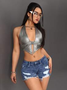 SHEIN PETITE Women's Denim Shorts With Distressed Detailing And Raw Hem Low Rise Shorts - Dark Wash - View 3