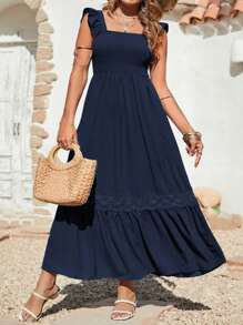 SHEIN Clasi Vestido veraniego casual en unicolor vintage con ribete de volantes para tallas grandes - Azul Marino - Ver 1