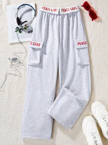 Pantalones casuales para niña preadolescente con letras impresas y bolsillos