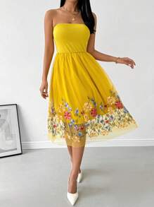 SHEIN Privé Damska sukienka z kwiatowym haftem, na co dzień, na lato, bez ramiączek - Żółty - Zobacz 1