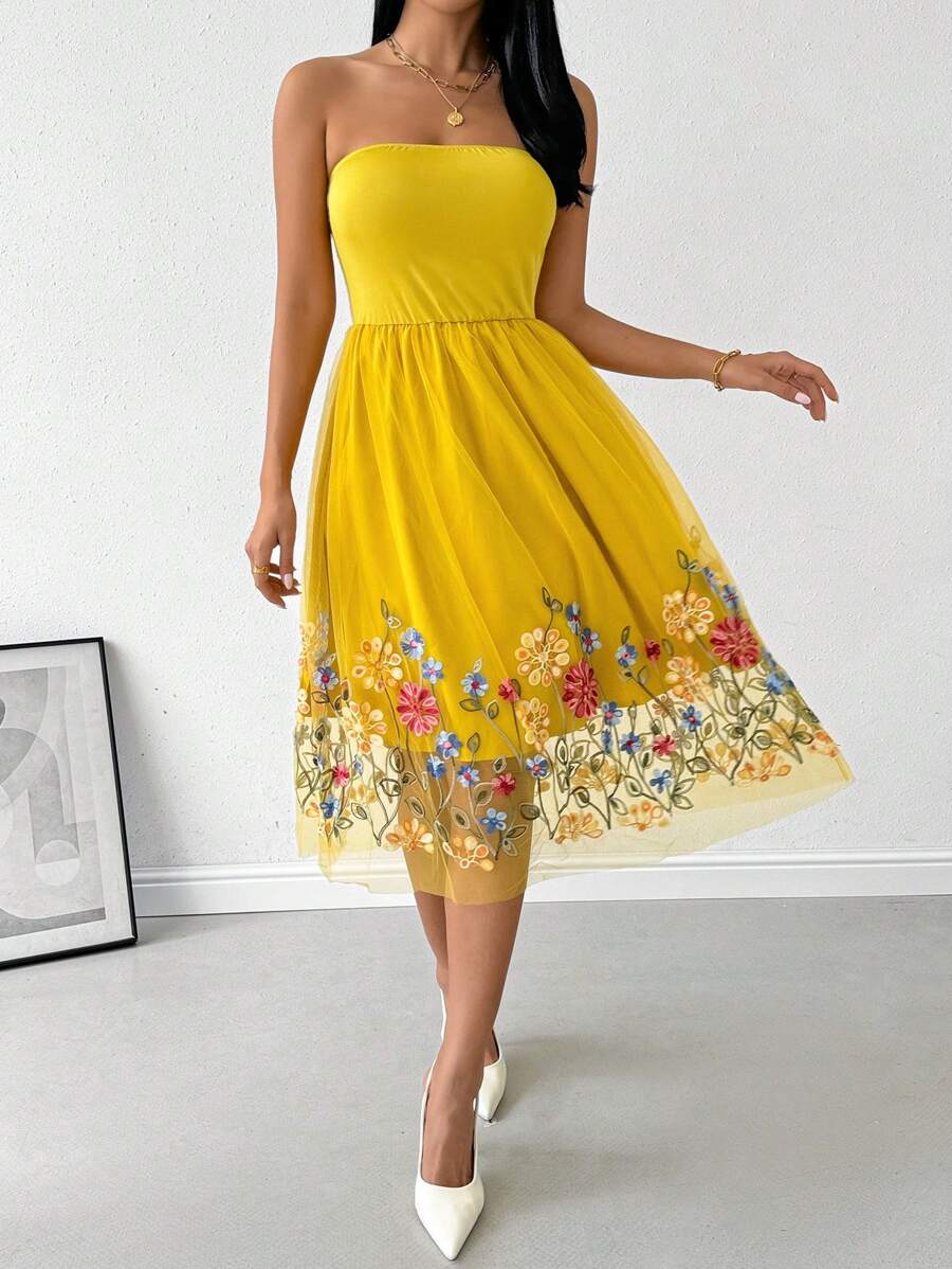 SHEIN Privé Damska sukienka z kwiatowym haftem, na co dzień, na lato, bez ramiączek - Żółty - Zobacz 1