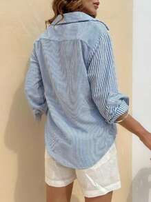 SHEIN LUNE Long Sleeve Shirt With Contrast Stripe Panel Fall Cloth For Women - Blue - View 3