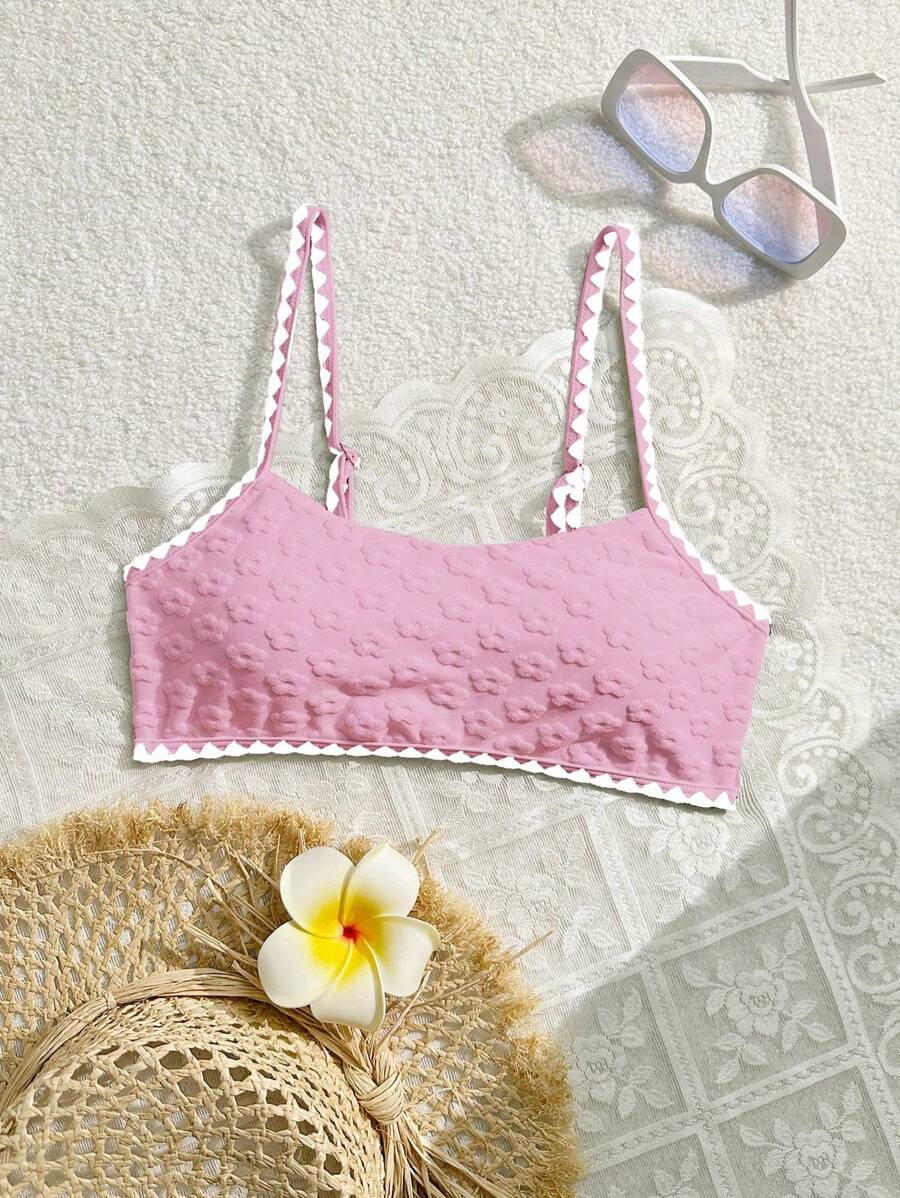 SHEIN Swim Women's Summer Beach Jacquard Contrast Trim Spaghetti Strap Bikini Top - Pink - View 1