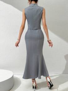 Modelyn 女士V領無袖鈕扣上衣和修身及膝裙套裝 - 灰色 - 查看 5