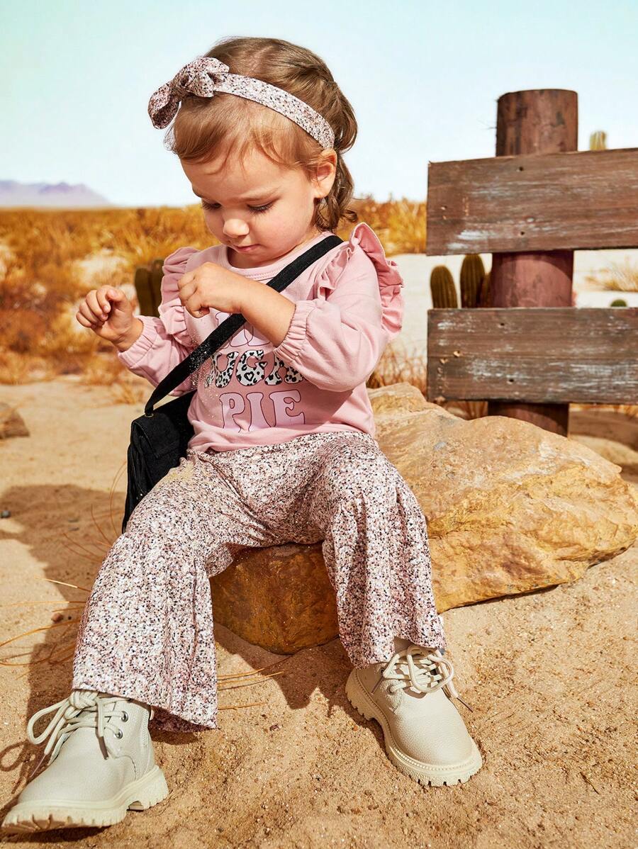 SHEIN Baby Girls' Thin Pink Long Sleeve Leopard Print Top And Pants Set, Autumn - Pink - View 1